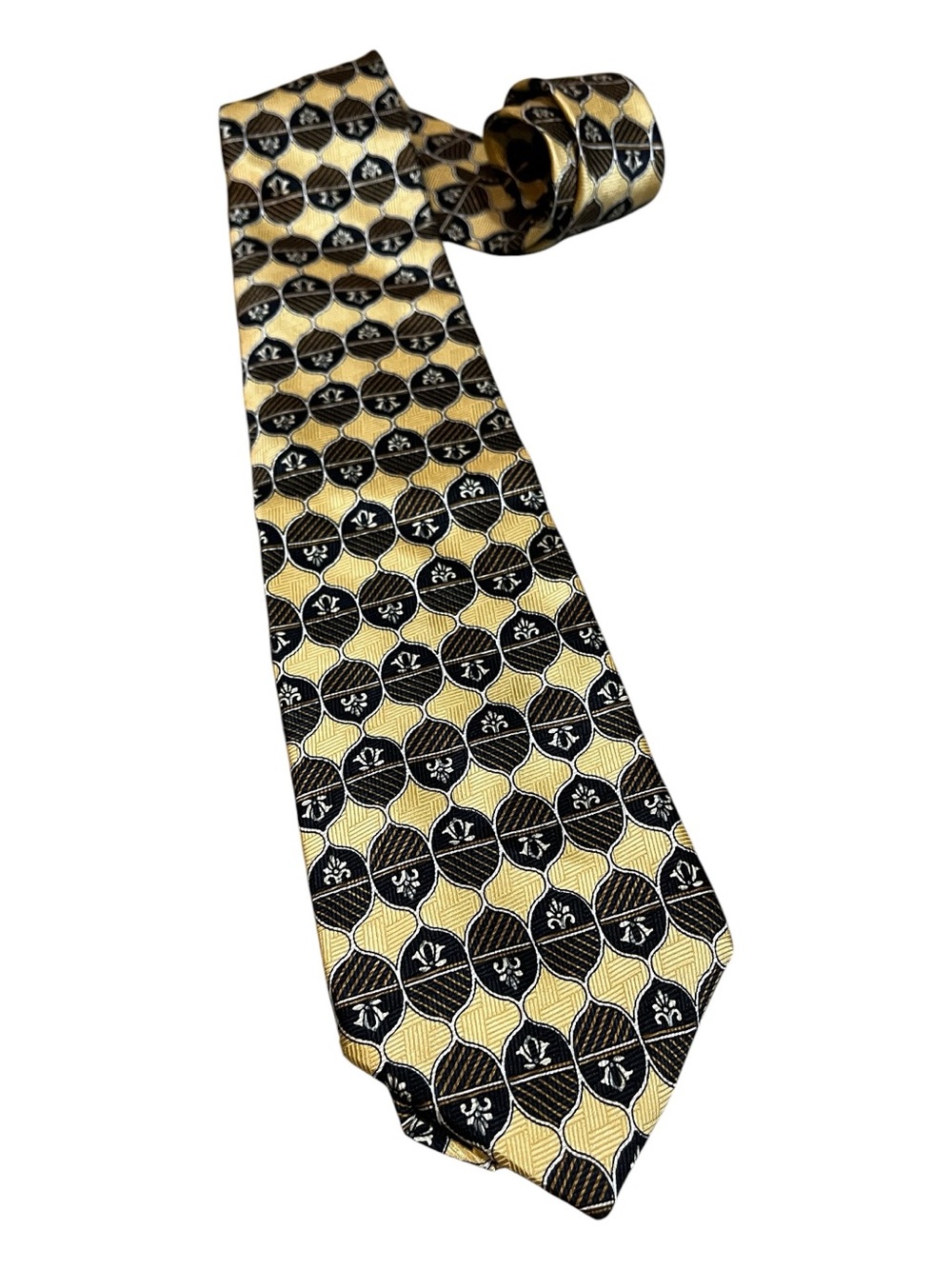 VINTAGE MANHATTAN SILK TIE BLACK BROWN STRAW YELLOW GOLD MADE IN THE USA